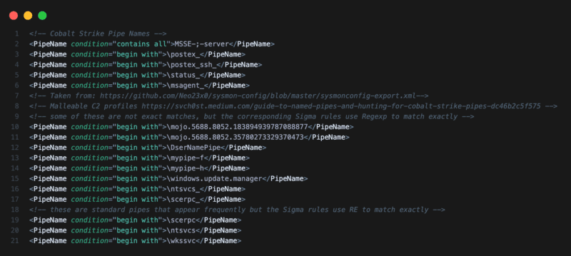 Sysmon rules for Cobalt Strike Pipe Names