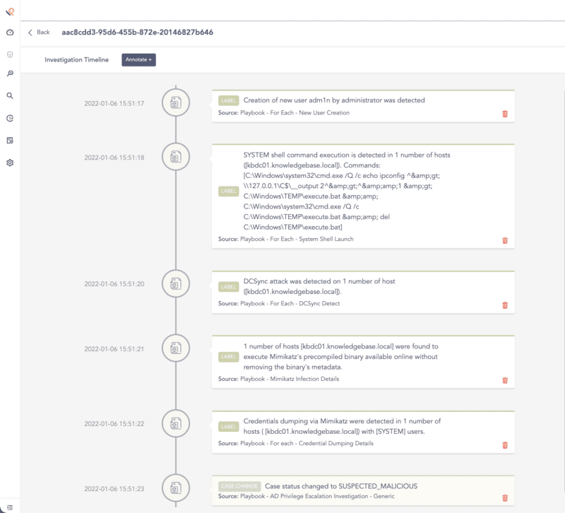 LogPoint SOAR investigation timeline gathers the results of the investigation