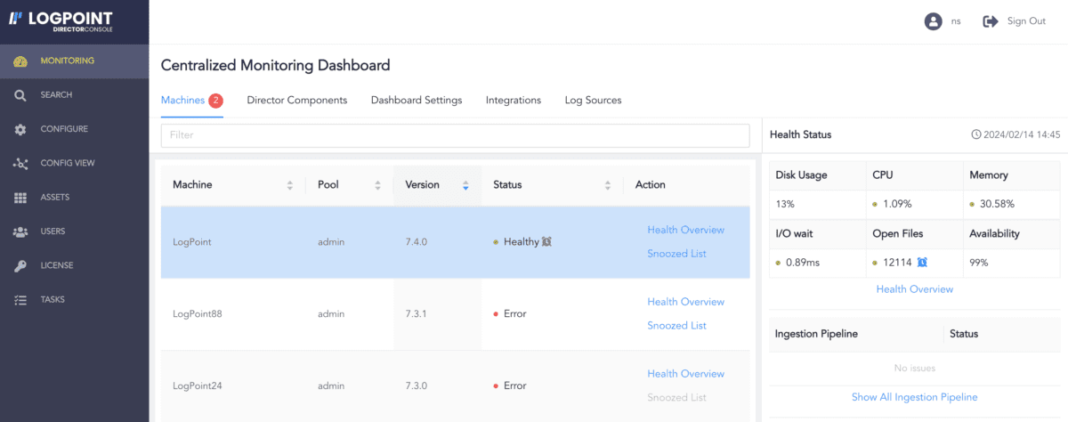 Screenshot of Director, Logpoint's MSSP and multitenant platform to manage security across different tenants. The screenshot shows the centralized monitoring dashboard that can be used to monitor system health of your tenants.