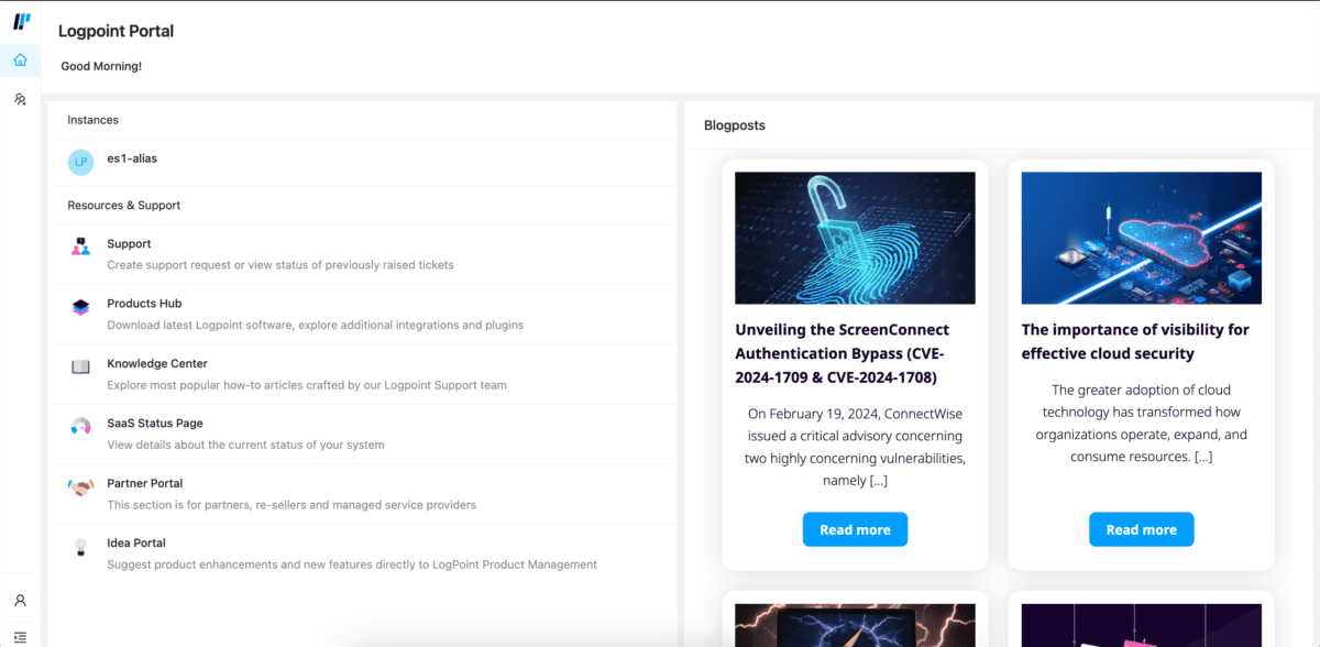 Screenshot of Logpoint Portal where one can see the instance or tenant on the top, access to the different resources (Support, Documentation, Knowledge Center, Status Page, etc) on the bottom, and access with thumbnails and buttons to Logpoint's blog posts.