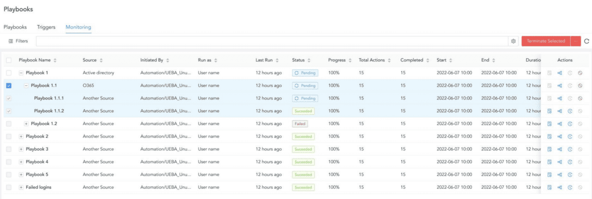 Screenshot of the monitoring tab of Playbooks, the automation feature in Logpoint's security operations platform. In the Monitoring tab, playbooks can be organised under hierarchical view to see the parent playbook and the sub-playbooks, so users can see the status.