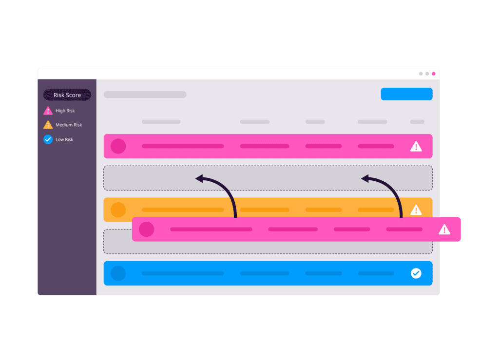 Simplified Logpoint interface showing a risk score on the left side that goes from high risk, to medium risk and to low risk, and alerts on the main interface being prioritized