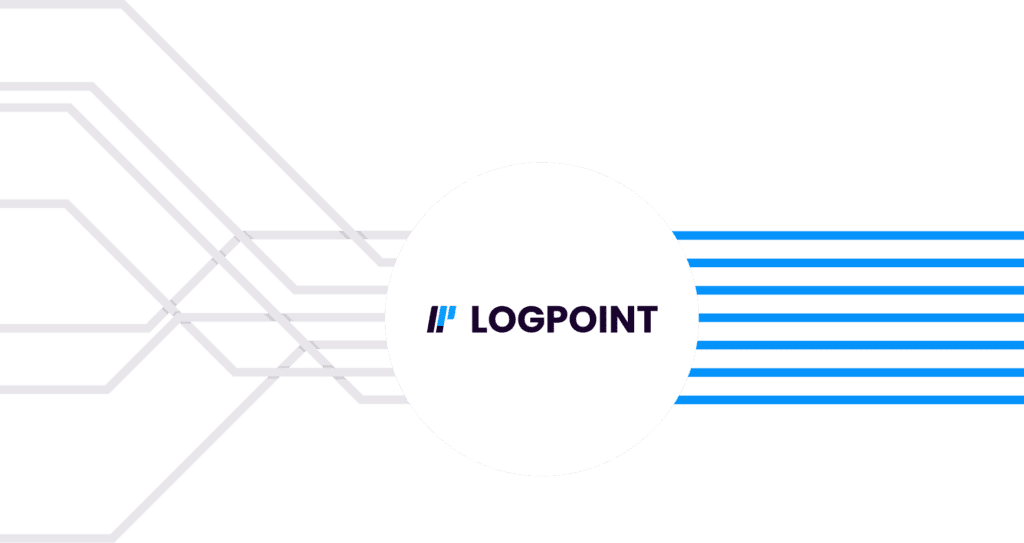 A multitude of intricate lines coming from the left side and converging into a circle with Logpoint's logo and coming out of the right side of the circle in parallel and organized.