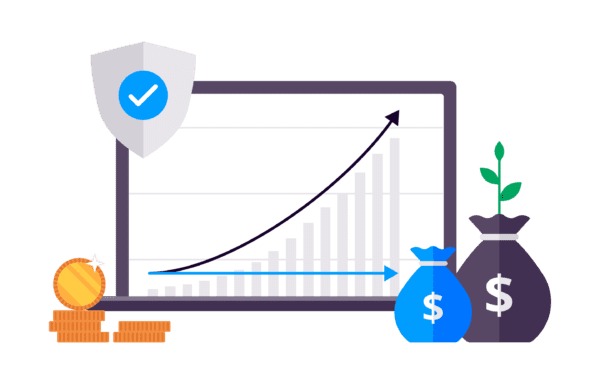 Laptop with bar chart going up, coins on the left side, two bags with the dollar sign on the left, a sprout coming out of one of the bags, and a shield with a checkmark on the upper left corner.
