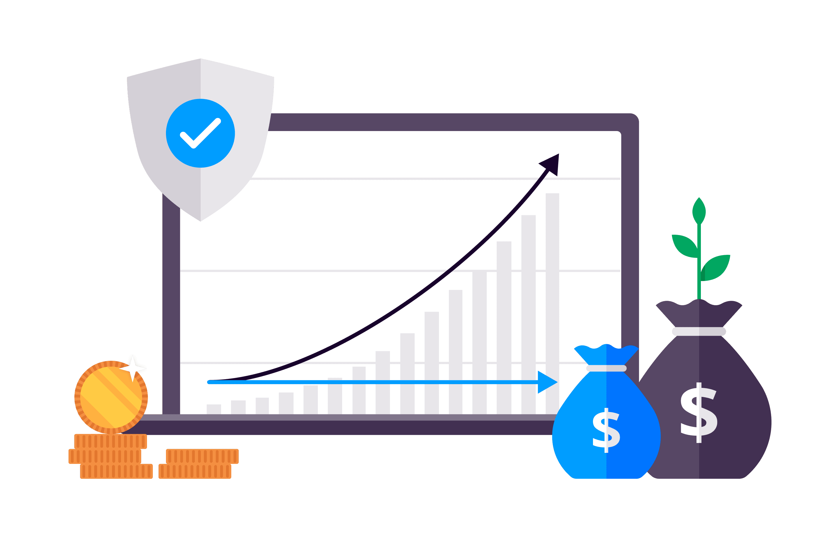 Laptop with bar chart going up, coins on the left side, two bags with the dollar sign on the left, a sprout coming out of one of the bags, and a shield with a checkmark on the upper left corner.