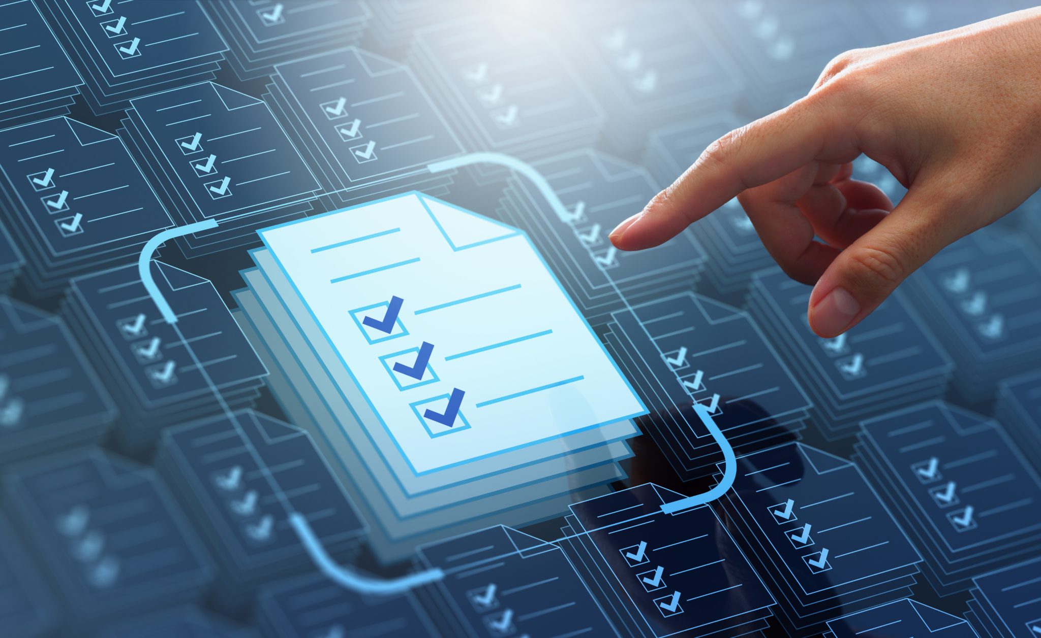 Business compliance of document management. Document or file icons and checkmark. Businessman stored documents on server according to law.
